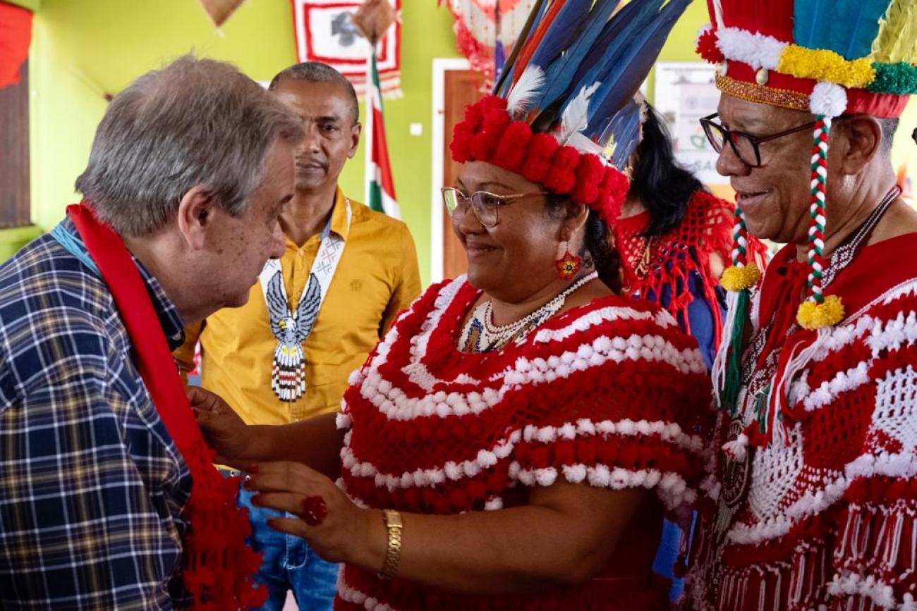 UN SG is greeted by indigenous people from Pierre Kondre