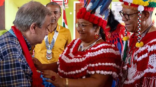 UN SG is greeted by indigenous people from Pierre Kondre